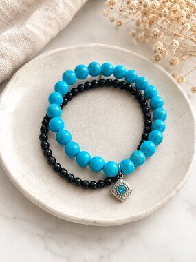 Turquoise & Black Beaded Bracelet Set with Crystal Charm | Follow the Tide